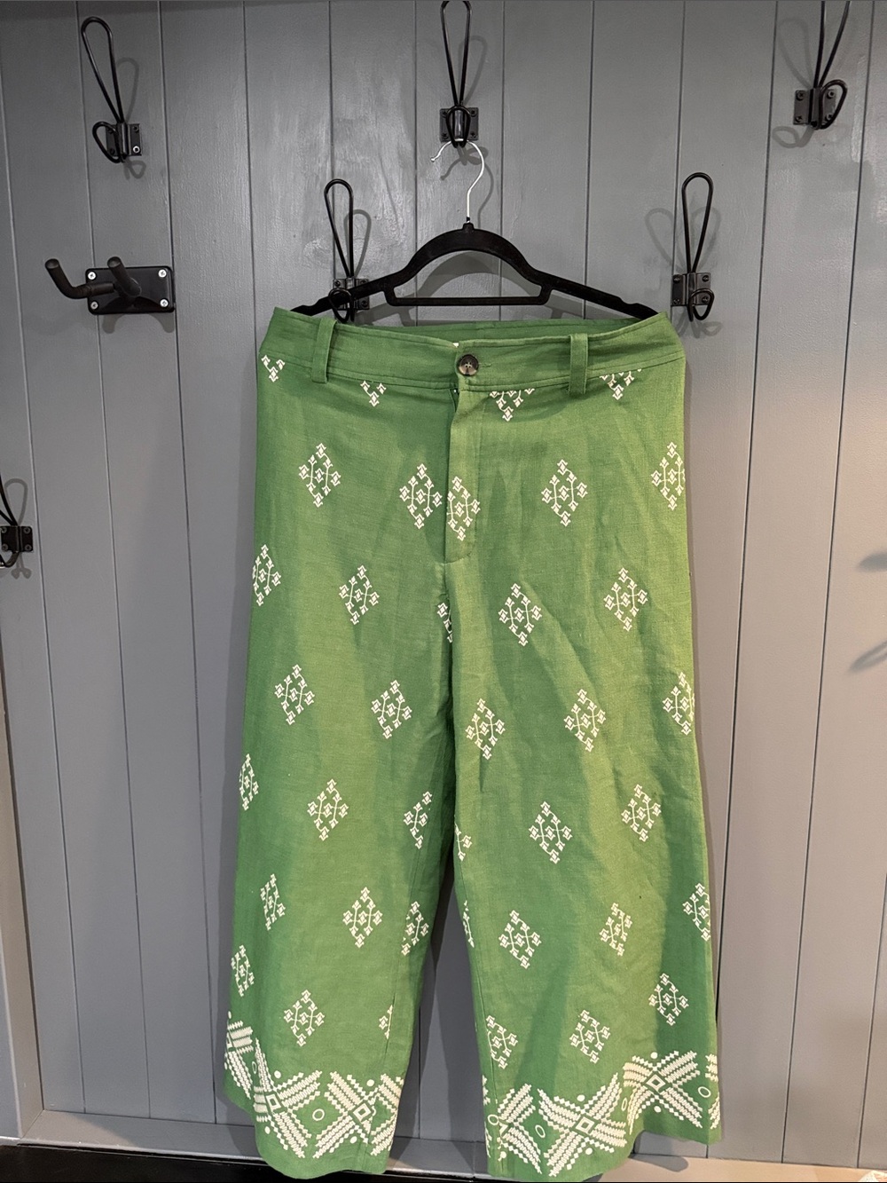 Zara Green Embroidered Wide-Leg Linen Pants